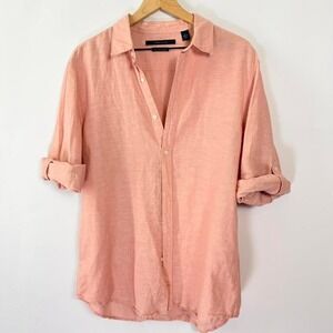 Perry Ellis Men's Linen Blend Button Up Shirt Pink Peach Long Sleeve Large